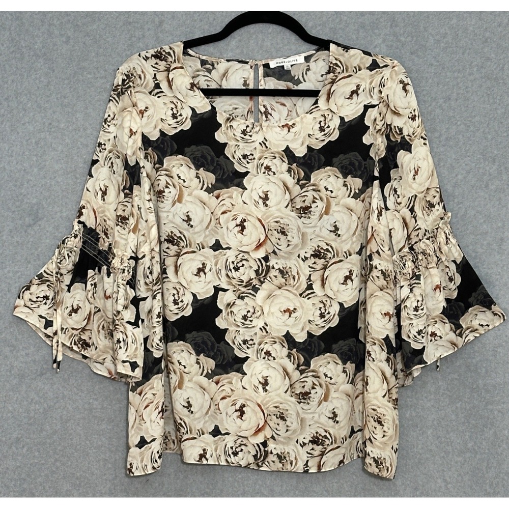 Rose Olive Womens Top Plus 3X Black Cream Floral Flowy Romantic Boho Chic
